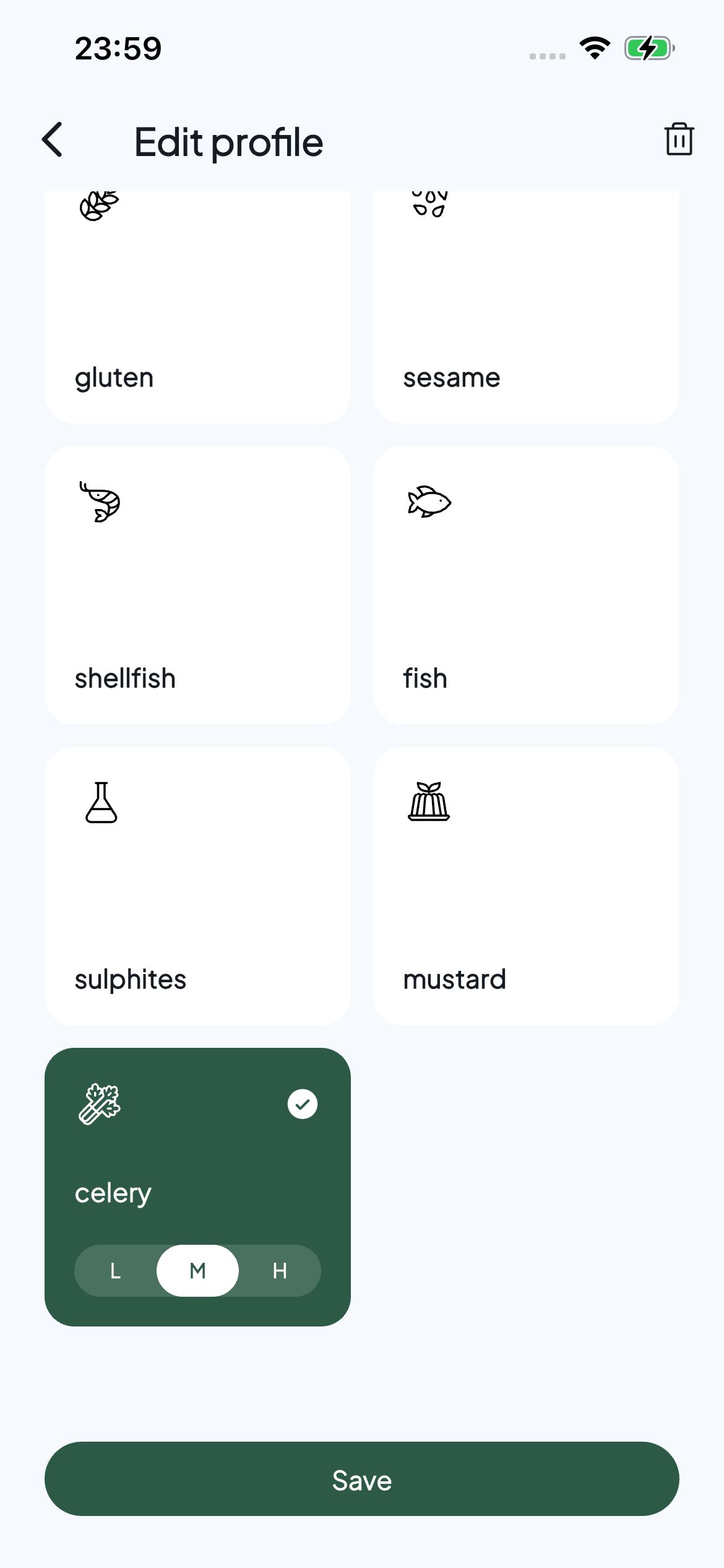 Allerwise profile editor with celery selected