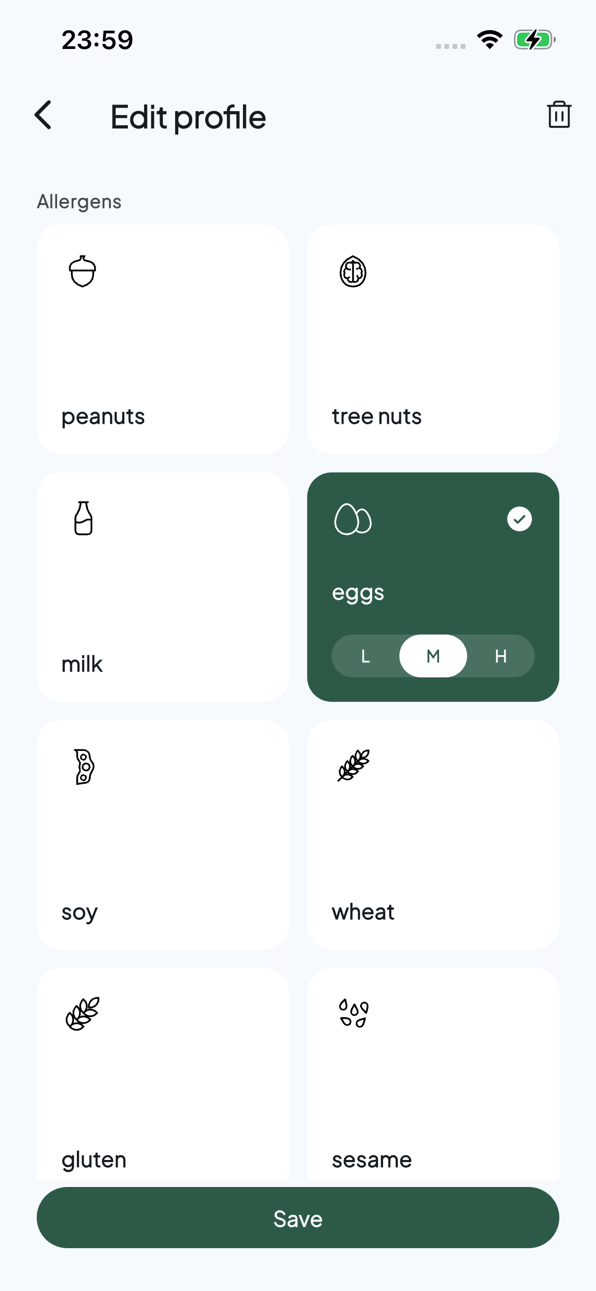 Allerwise profile editor with eggs selected