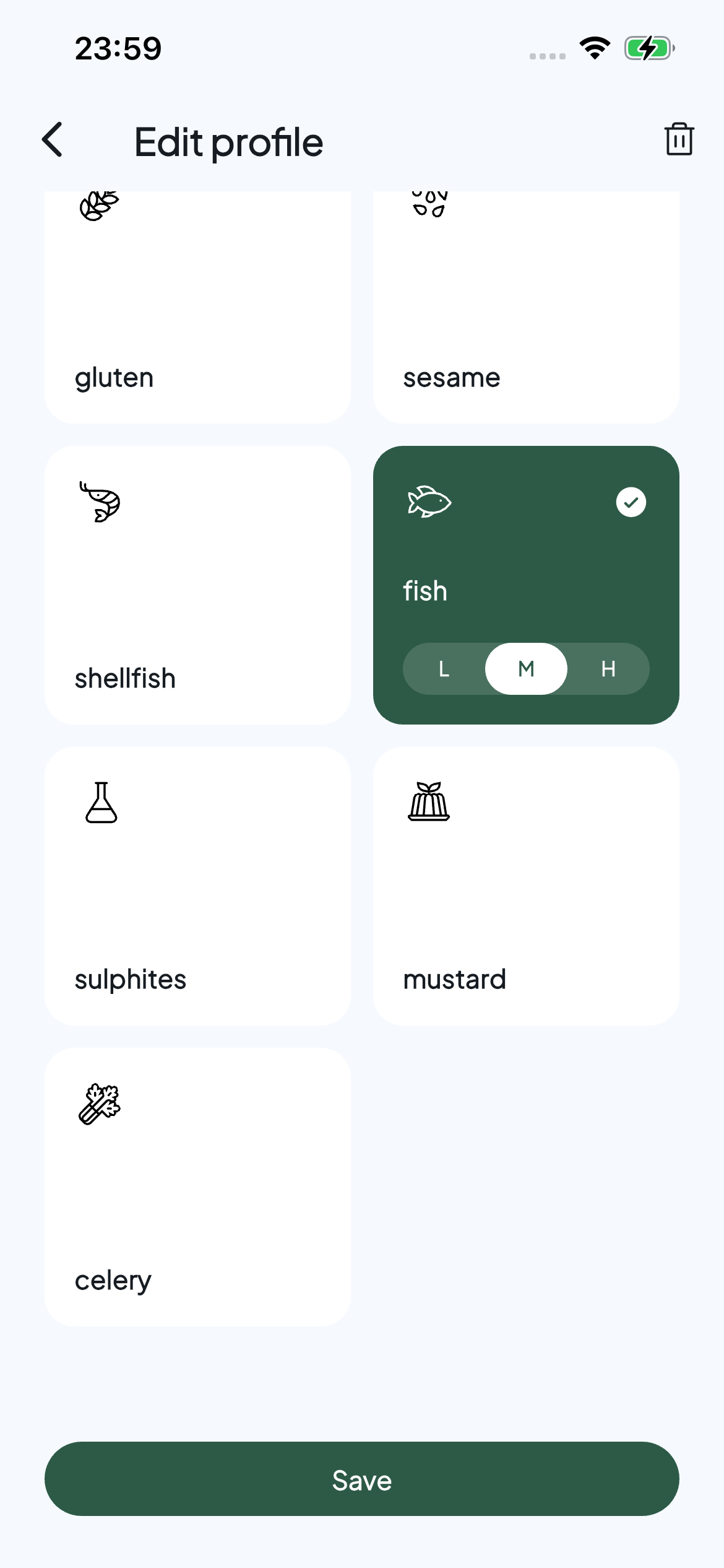 Allerwise profile editor with fish selected