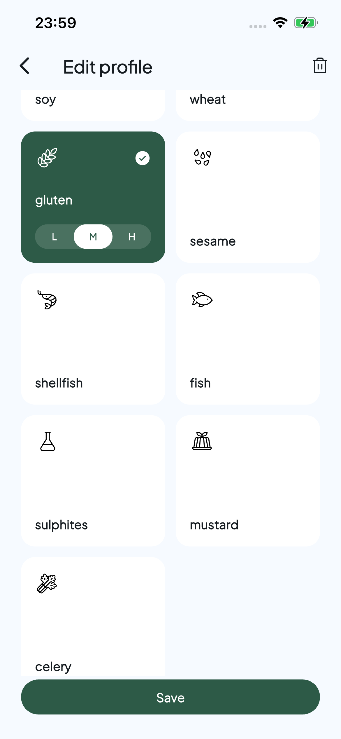 Allerwise profile editor with gluten selected
