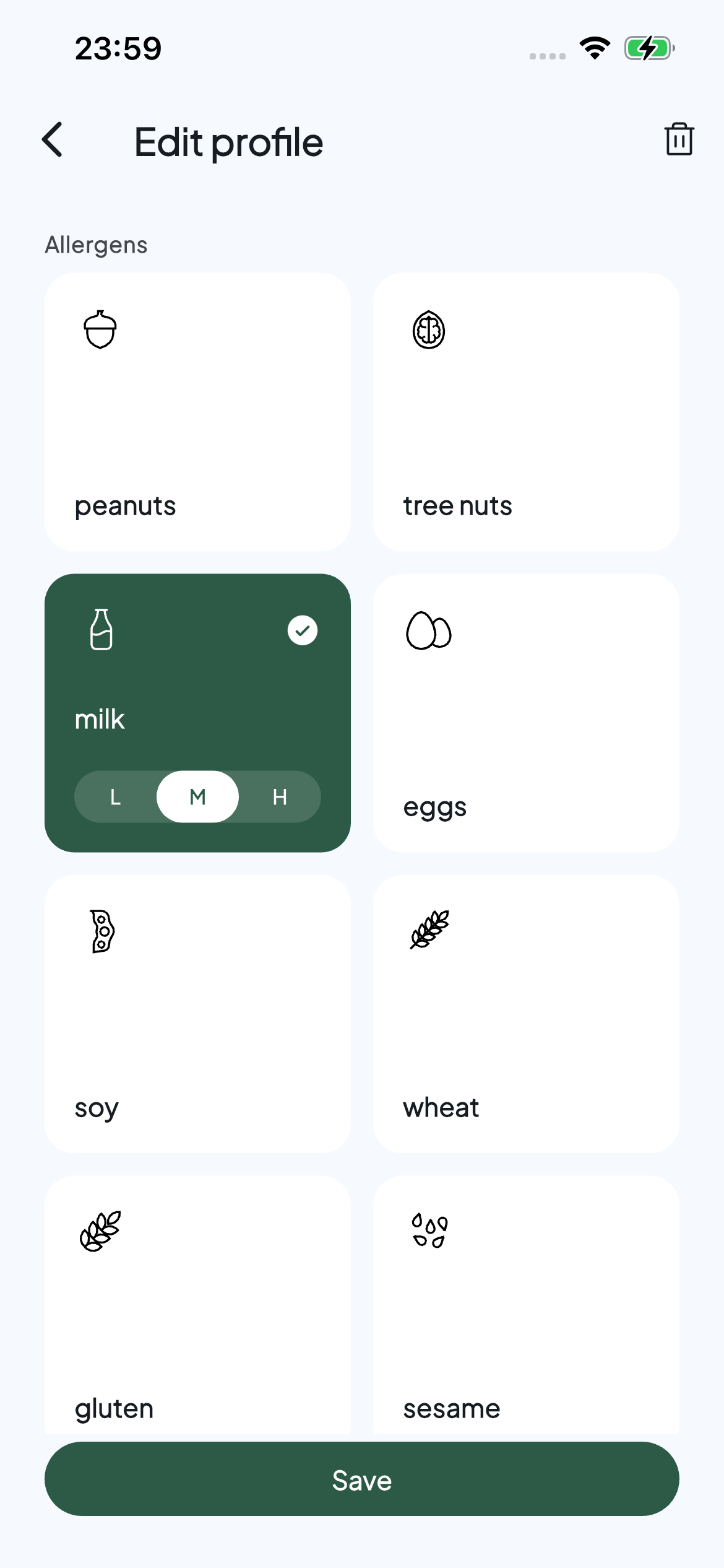 Allerwise profile editor with milk selected