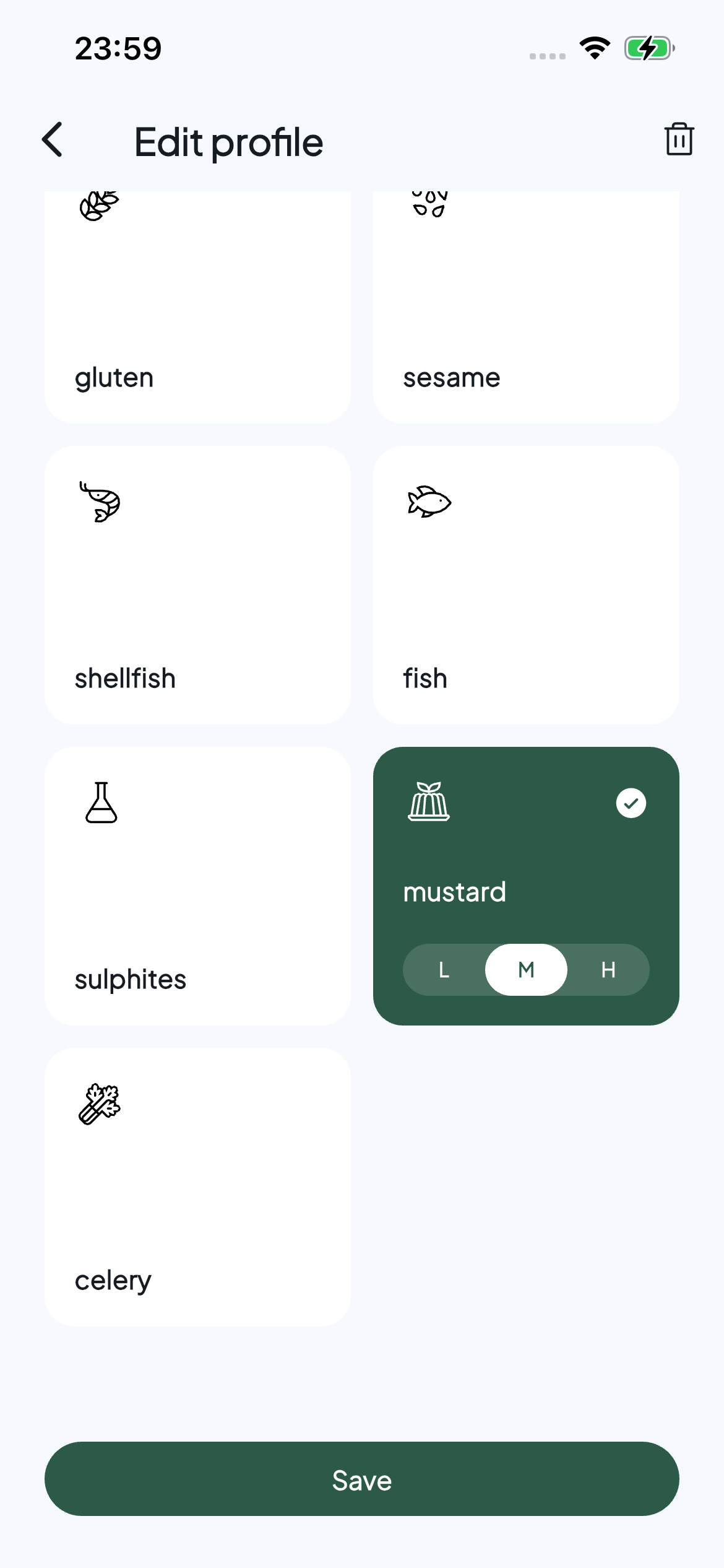 Allerwise profile editor with mustard selected