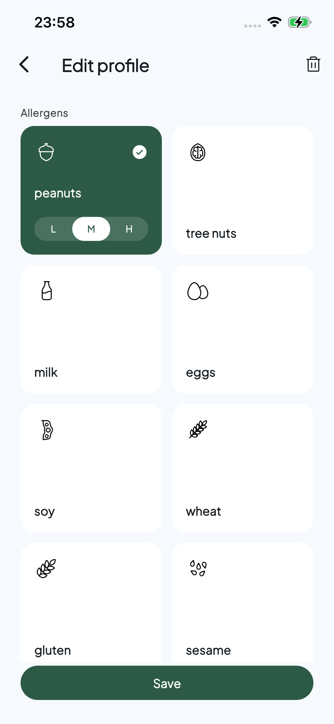 Allerwise profile editor with peanuts selected