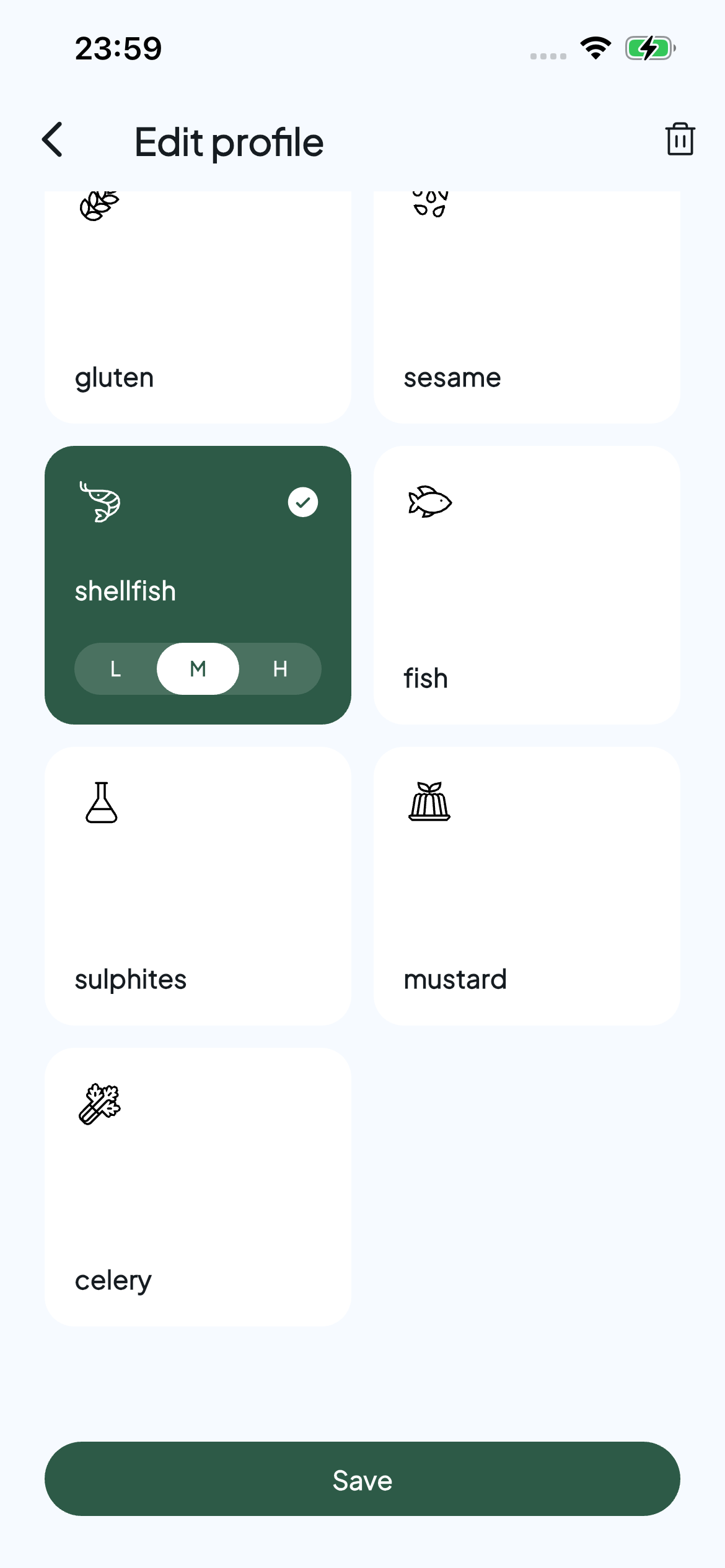 Allerwise profile editor with shellfish selected