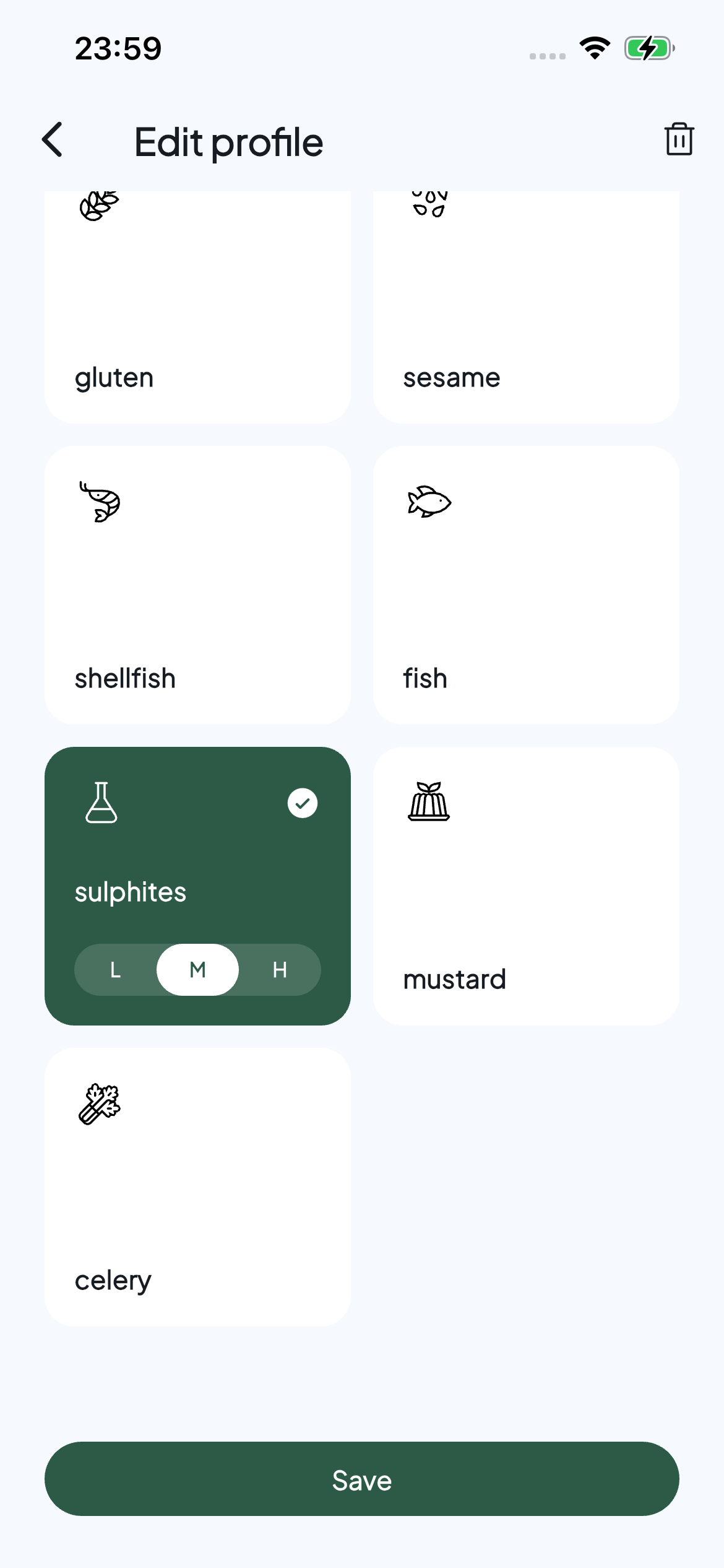 Allerwise profile editor with sulphites selected