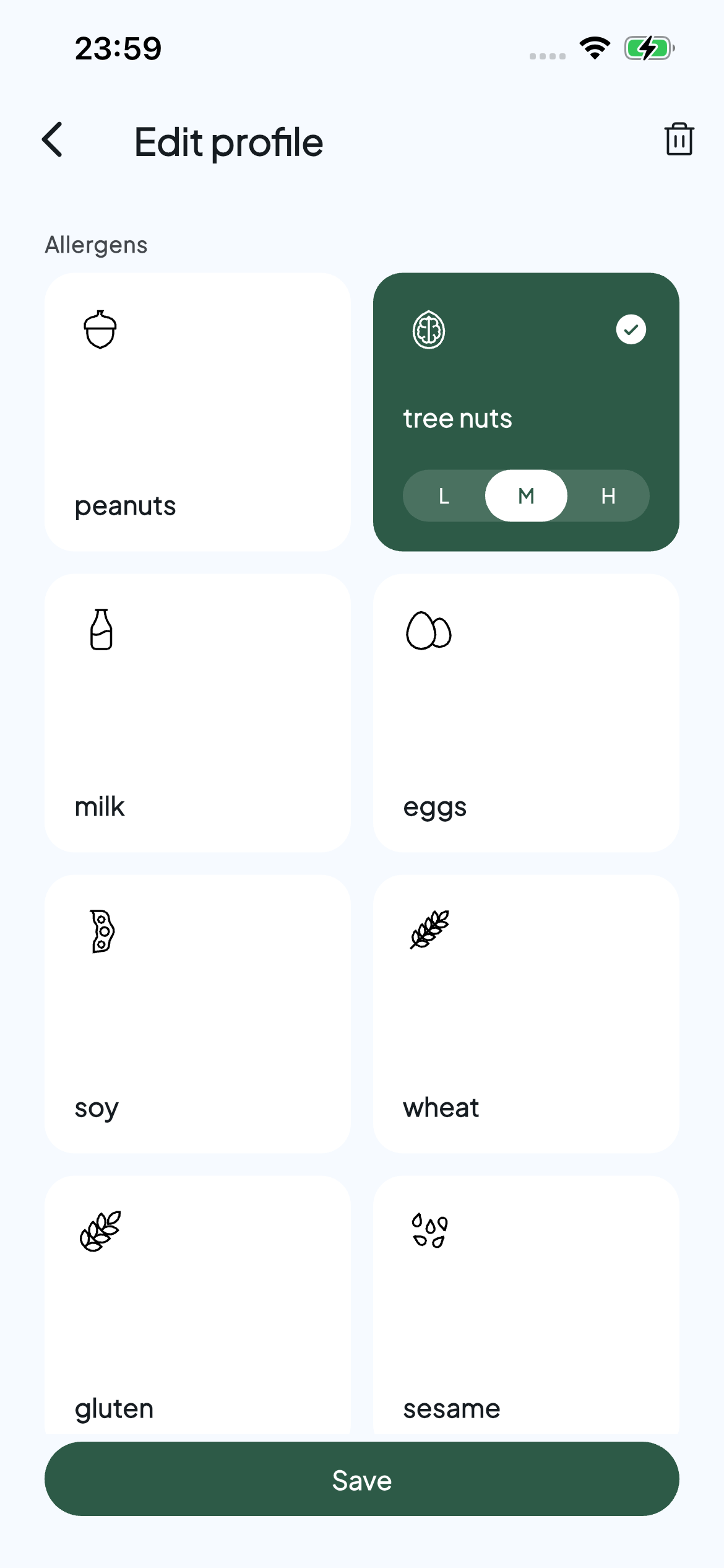 Allerwise profile editor with tree nuts selected