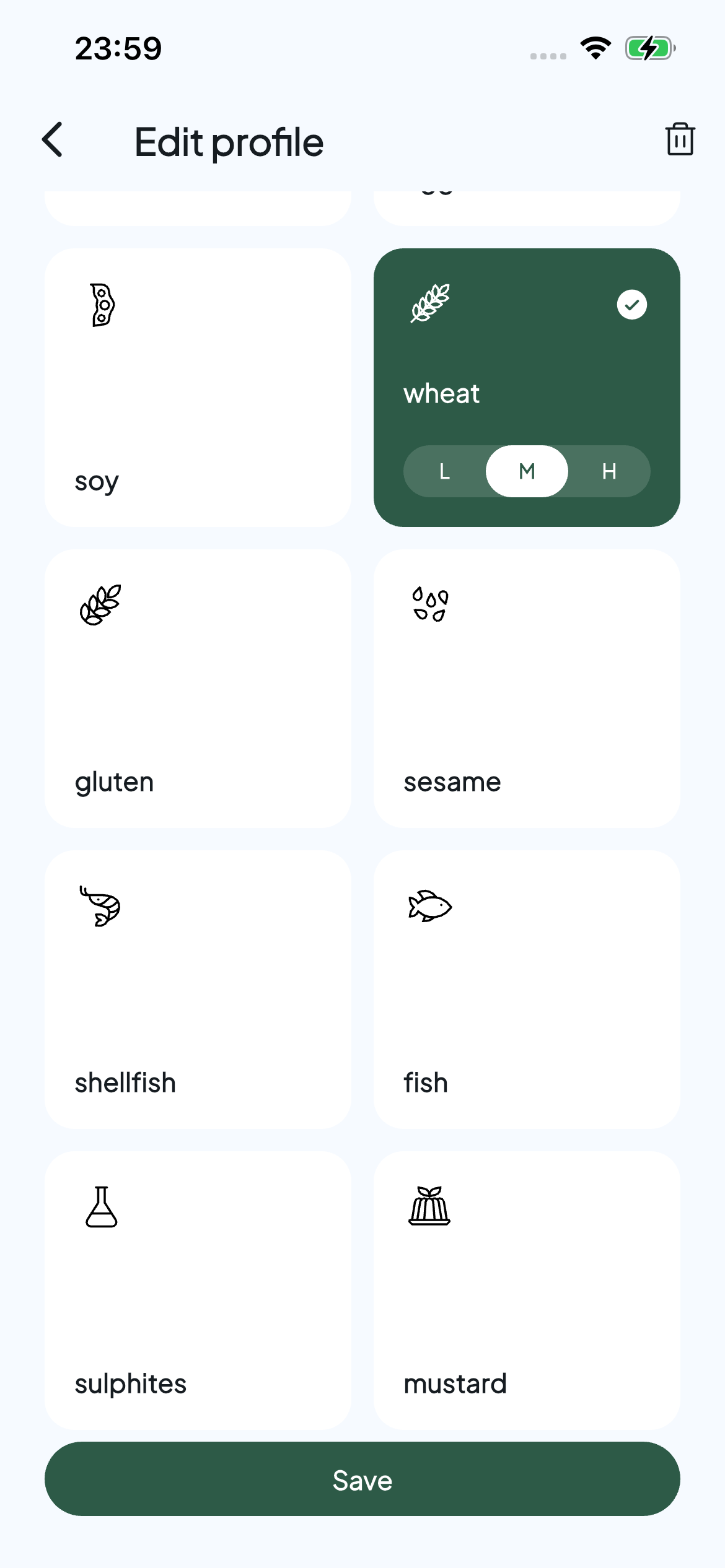 Allerwise profile editor with wheat selected